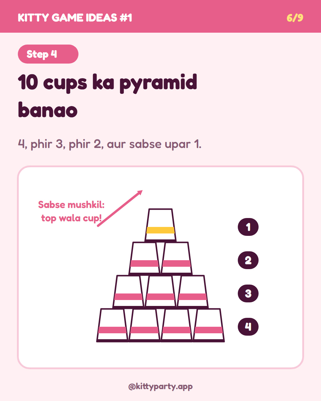 Rubber Band Cup Tower step 4: Build a pyramid of 10 cups: 4 at the bottom, then 3, then 2, and 1 on top.
