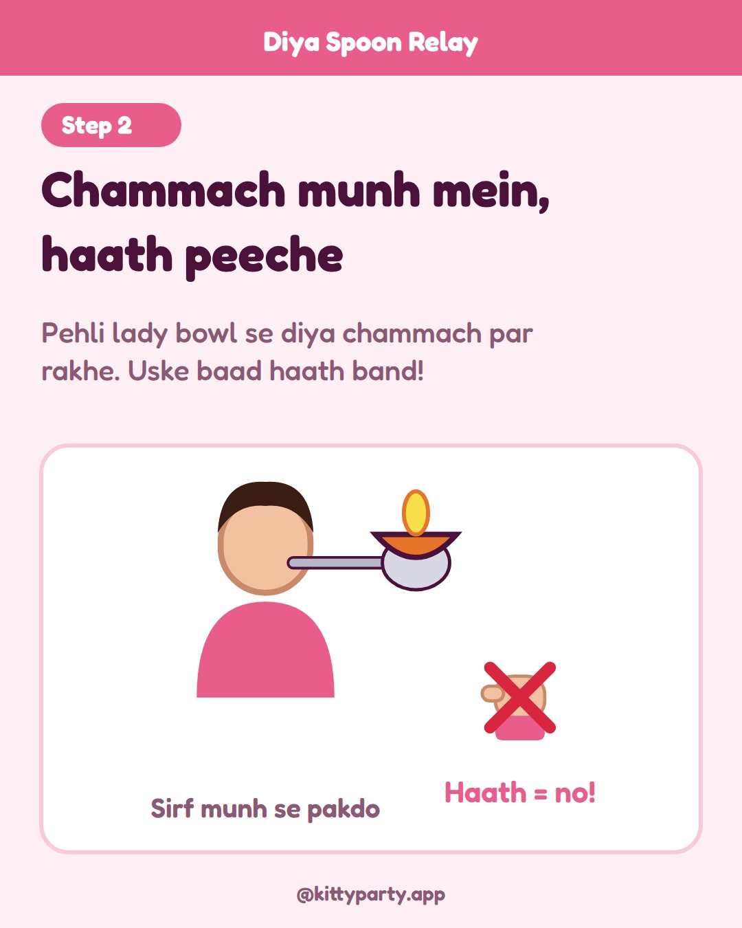 Diya Spoon Relay step 2: Every lady holds a steel spoon in her mouth by the handle and keeps her hands behind her back. Only the first lady may use her hands, once, to place a diya on her spoon.
