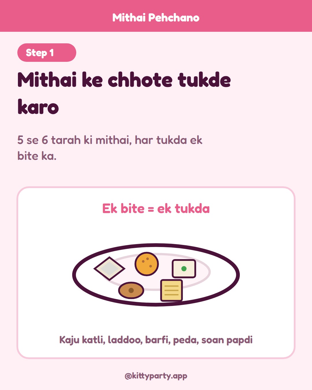 Mithai Pehchano step 1: Cut 5 to 6 kinds of mithai into small one-bite pieces and keep them on a plate, out of sight of the players.