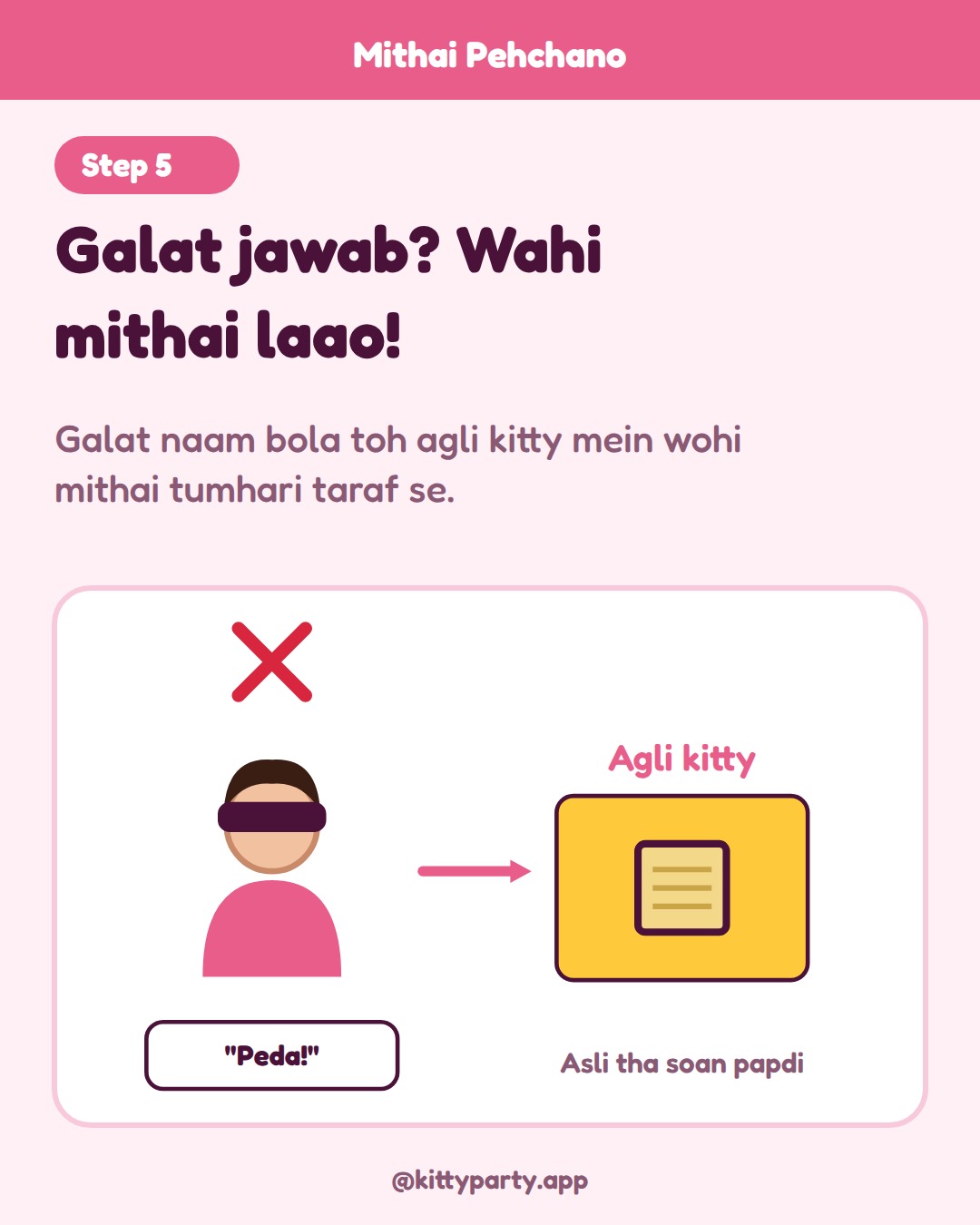 Mithai Pehchano step 5: If she names it wrong, she must bring that exact mithai to the next kitty. Repeat for every lady, 2 or 3 rounds each.