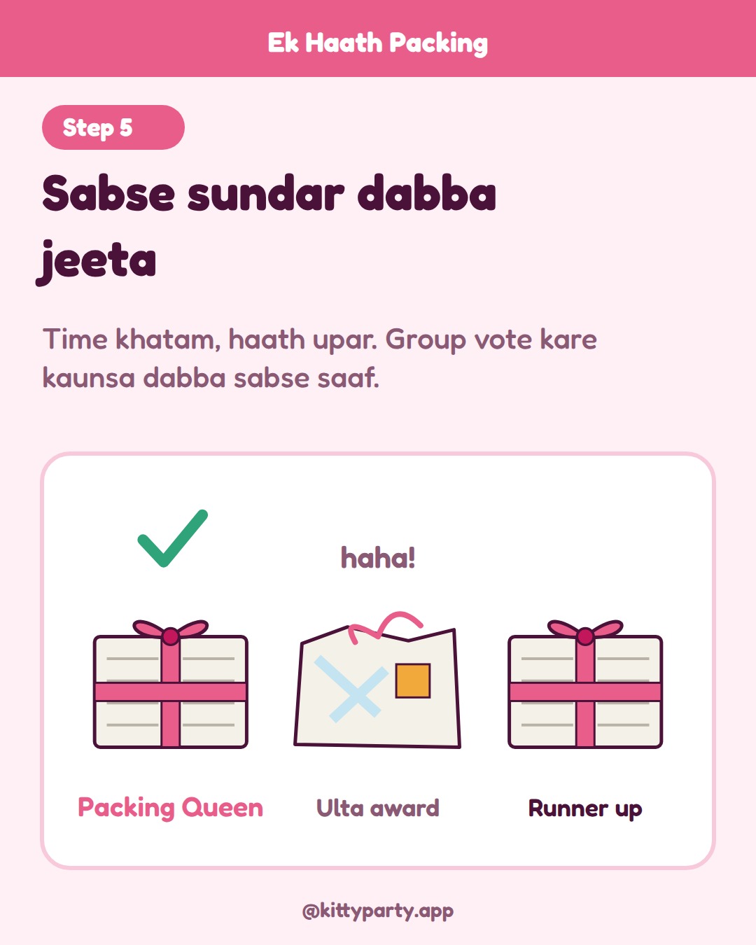 Ek Haath Packing step 5: When time is up, everyone raises her hand and stops. The group votes for the neatest box, and the pair standing at it wins.