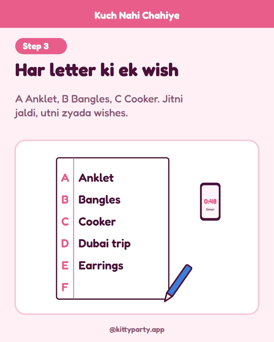 Kuch Nahi Chahiye step 3: Every lady writes one wish for as many letters as she can: A for Anklet, B for Bangles, C for Cooker, and so on. One wish per letter.