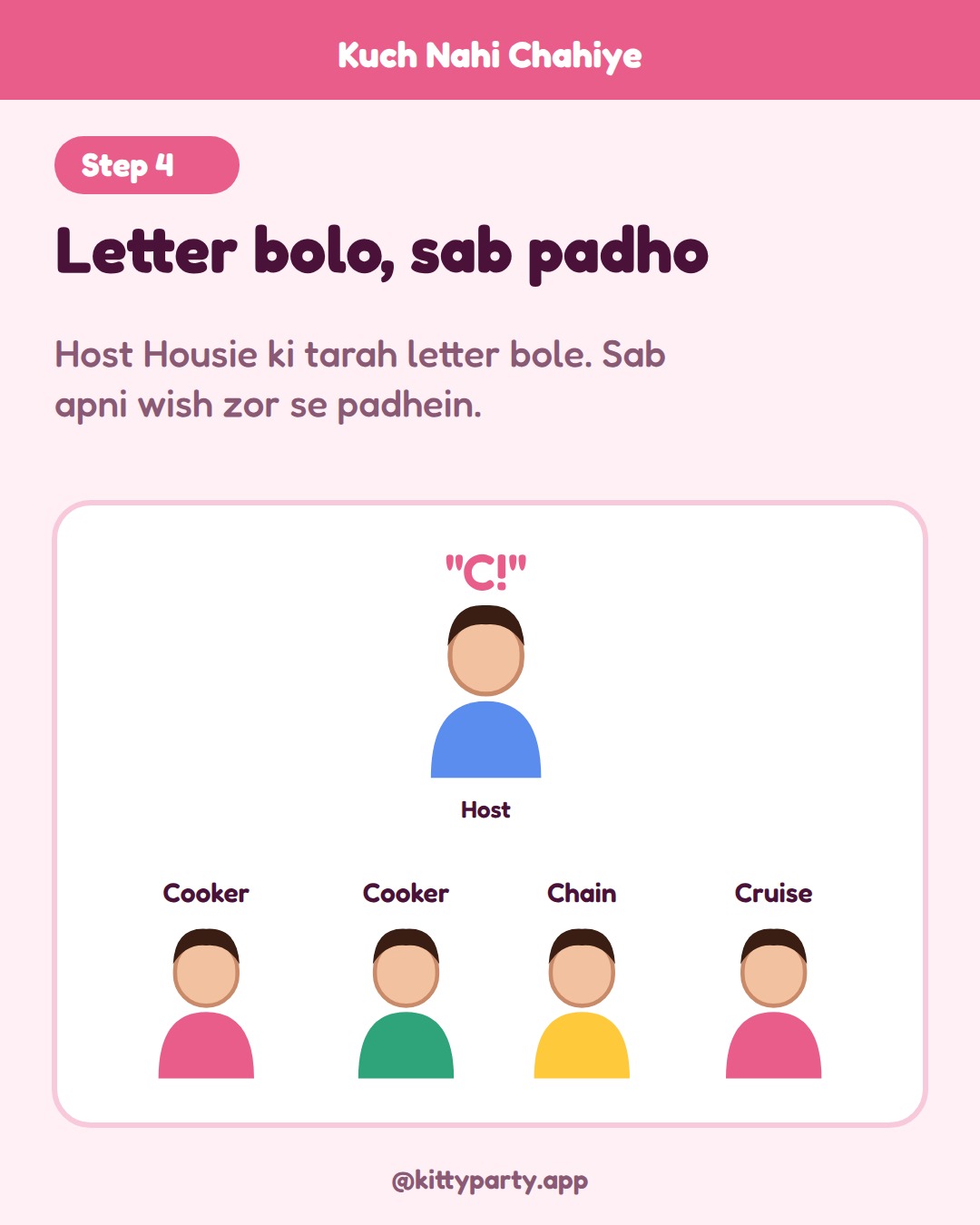 Kuch Nahi Chahiye step 4: When time is up, pens go down. The host calls the letters one by one like Housie numbers, and every lady reads her wish for that letter aloud.
