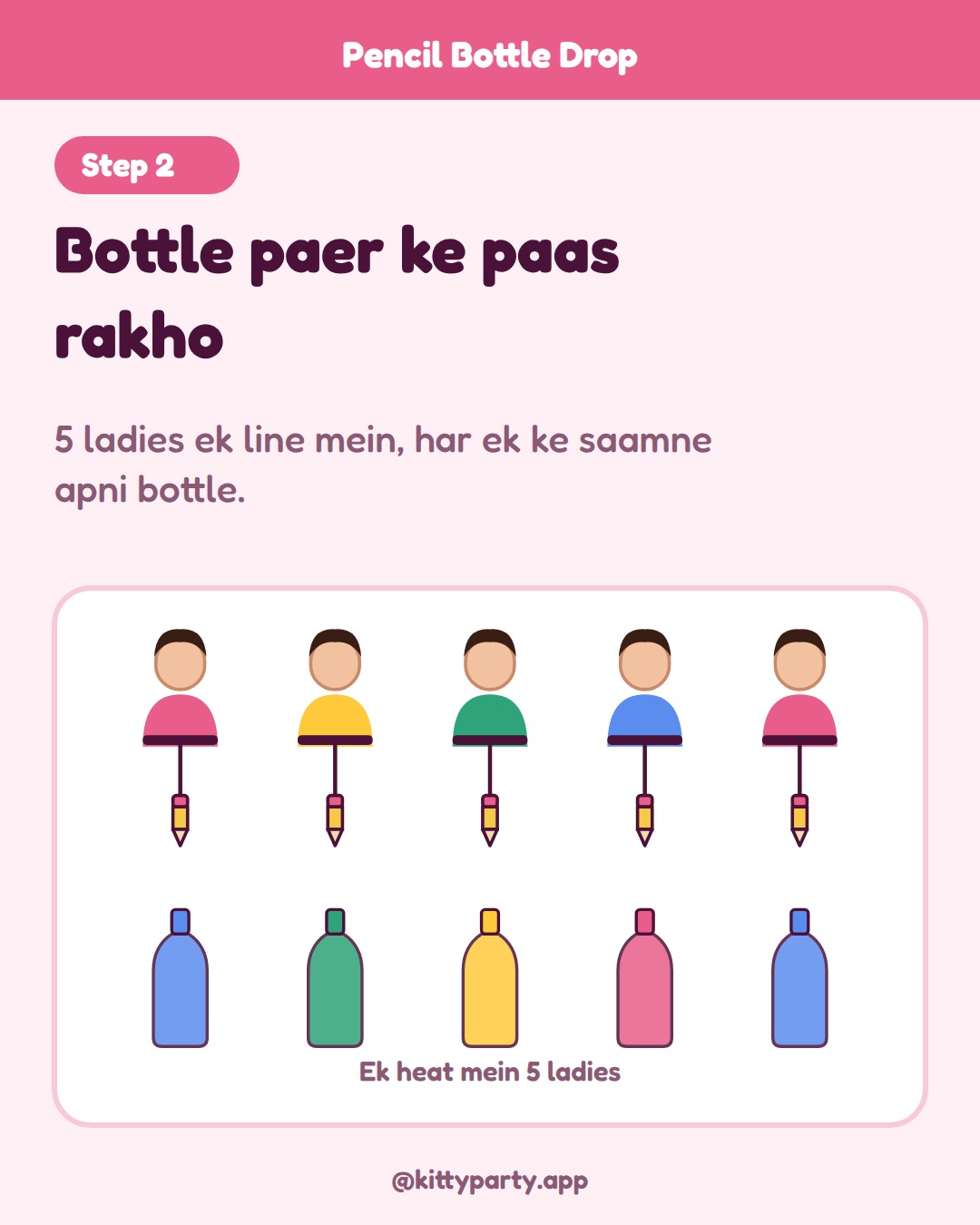 Pencil Bottle Drop step 2: Line up 5 players and place an empty plastic bottle on the floor in front of each one.