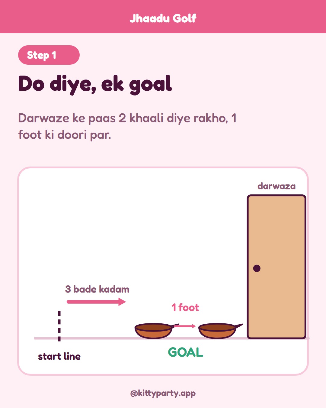 Jhaadu Golf step 1: Place two empty, unlit diyas on the floor near the door about 1 foot apart. The gap between them is the goal.
