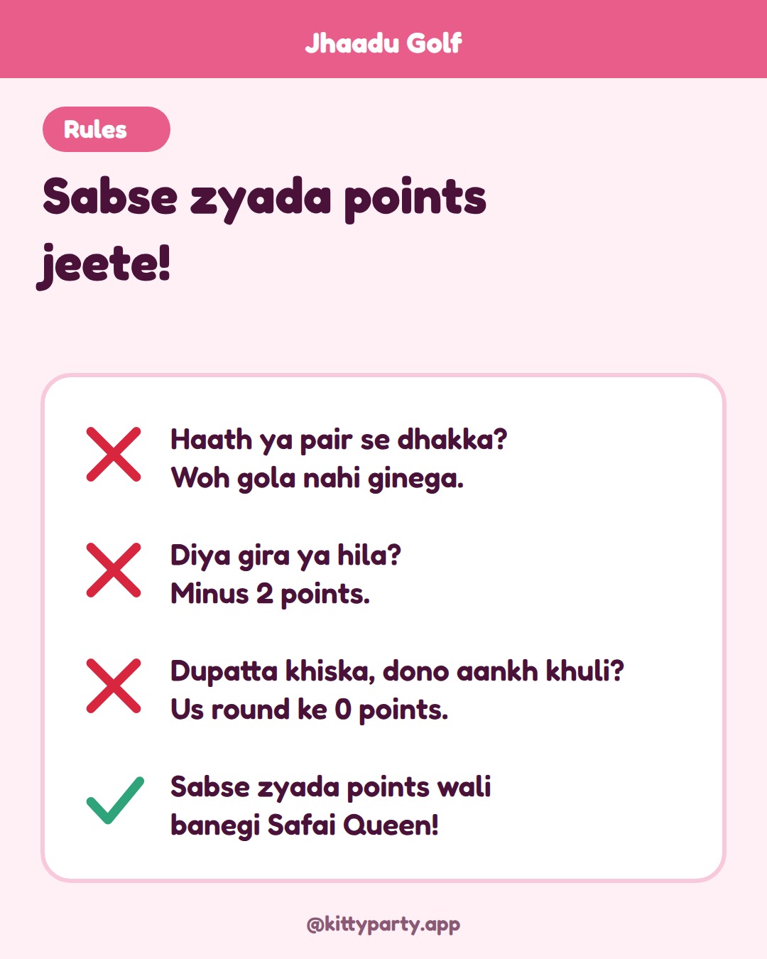 Jhaadu Golf step 6: Count the score: 5 points for the big ball, 1 point for each small paper ball through the goal, and minus 1 for each one still behind. Reset for the next lady.